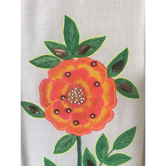 Vtg Orange Blue Pink Floral Beige Dress Sleeveless Sheath White Pearl Beads - Picture 2 of 10